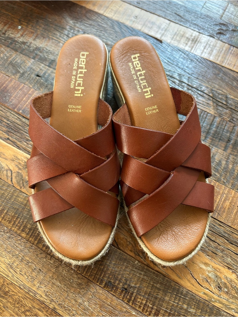 Bertucini Women's Brown Leather Cross-Strap Wedge Slide Sandals